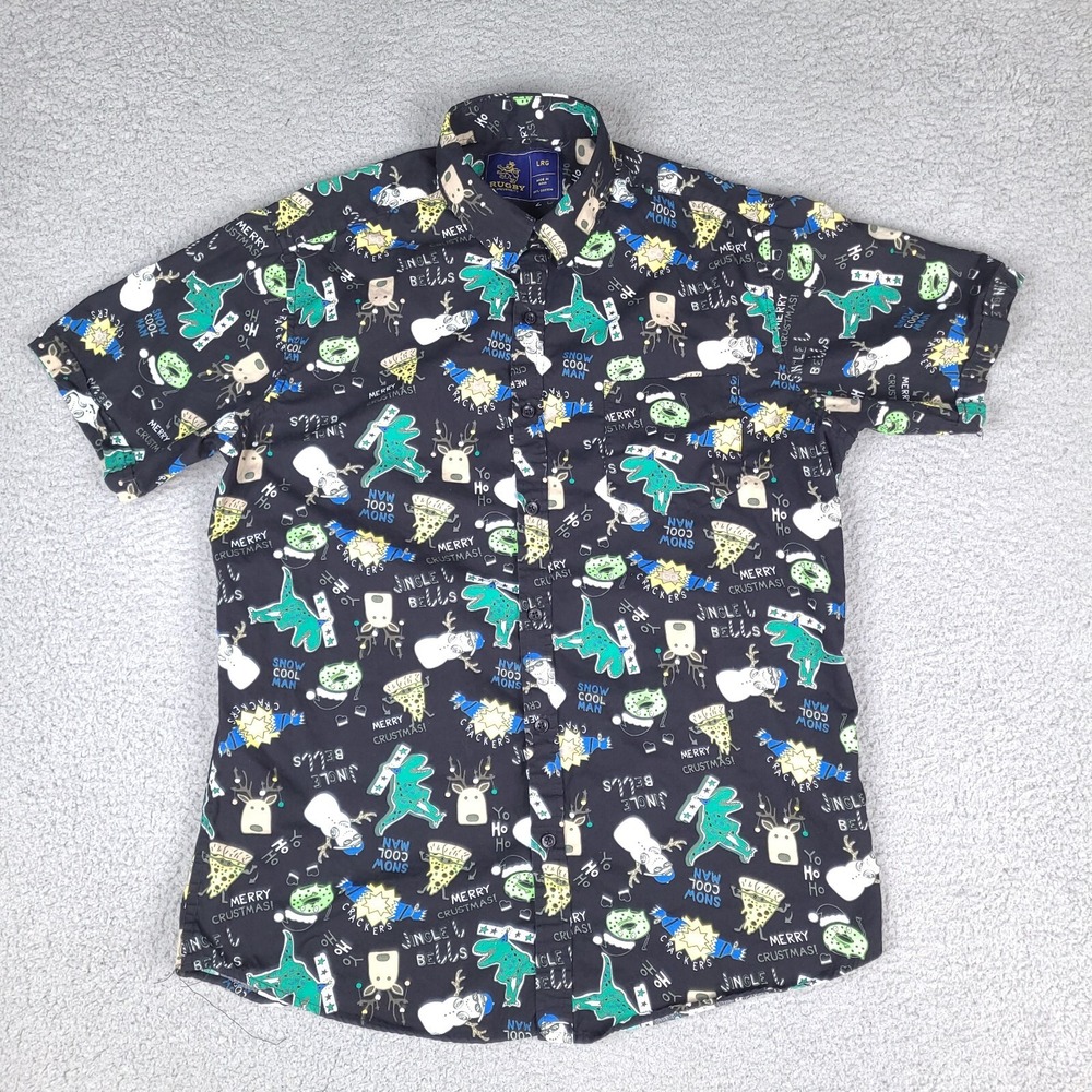 Rugby University Shirt Mens Large Black Colorful Christmas Funny Button‎ Down